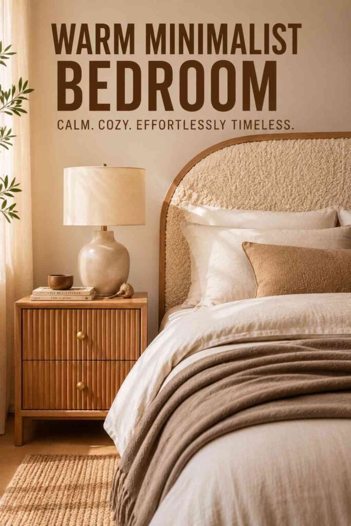 Styled bed and oak nightstand vignette with linen bedding and brass pulls — an upholstered bedroom headboard idea