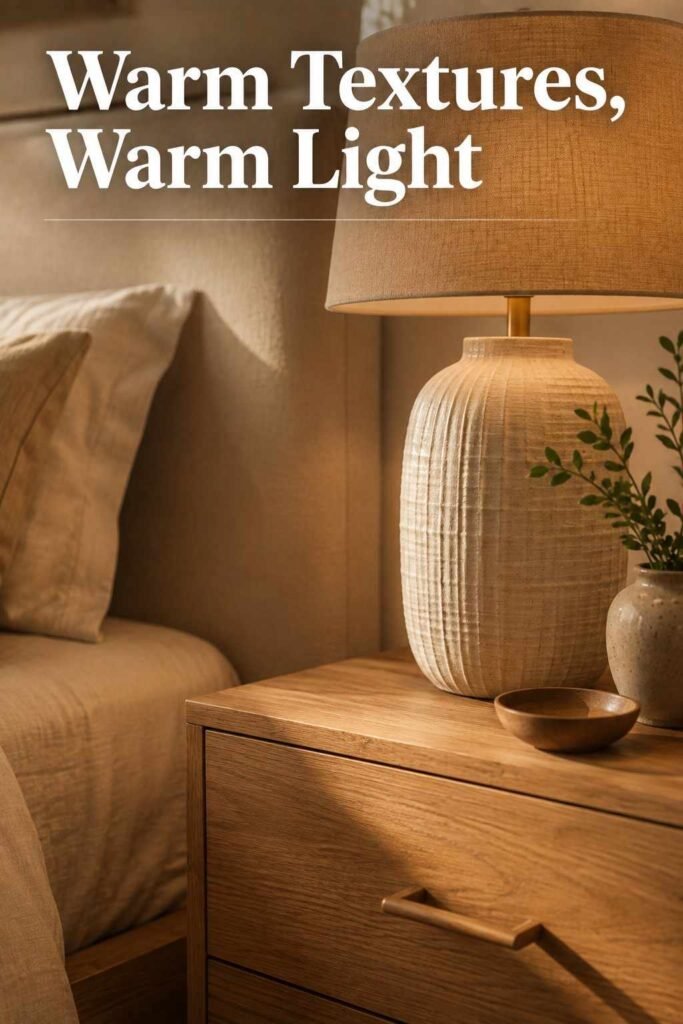 Elegant 25 Bedroom Lighting Ideas to Transform Your Space in 2026 3 Close-up of a ribbed ceramic lamp base and oak grain, a texture-focused bedroom lighting idea.