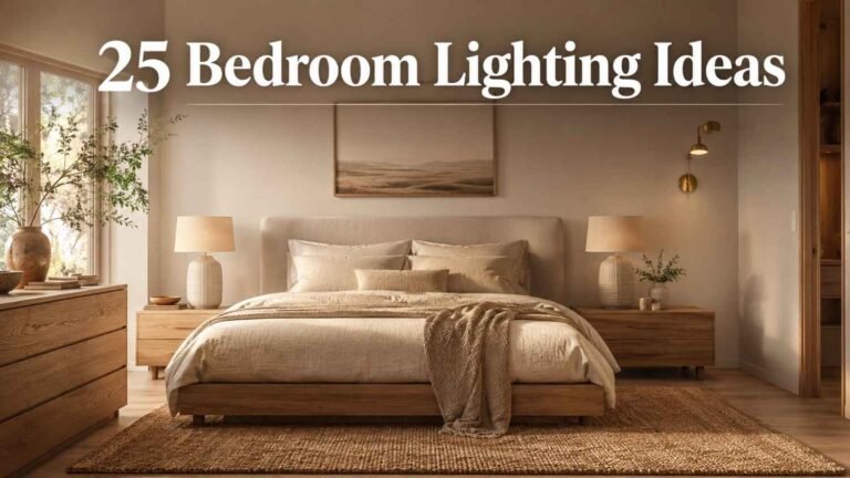 Warm minimalist bedroom with oak nightstands and linen bedding lit by morning light, a cozy bedroom lighting idea.