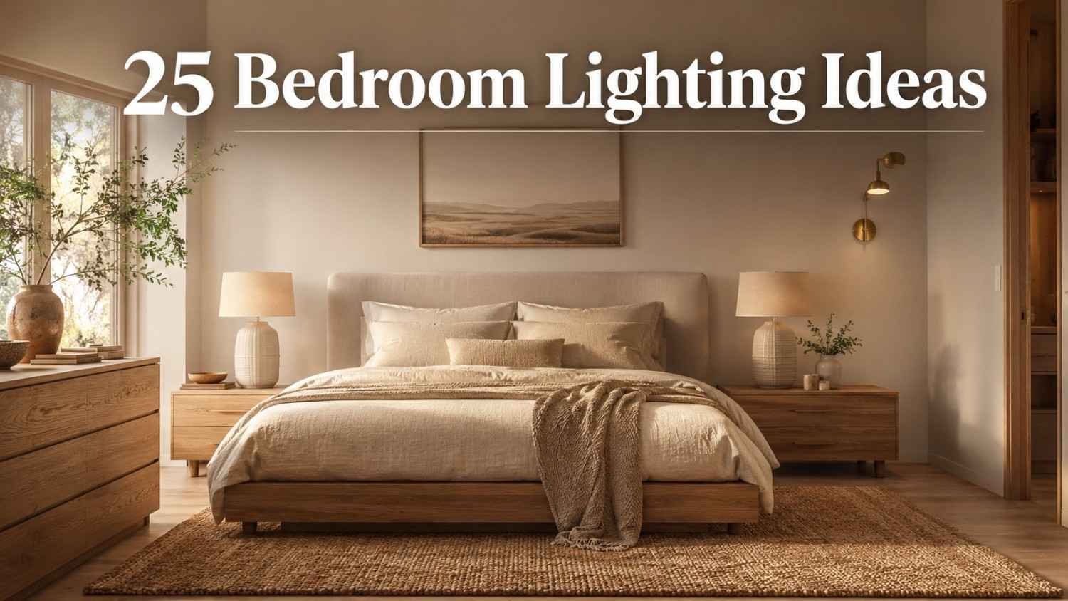 Warm minimalist bedroom with oak nightstands and linen bedding lit by morning light, a cozy bedroom lighting idea.