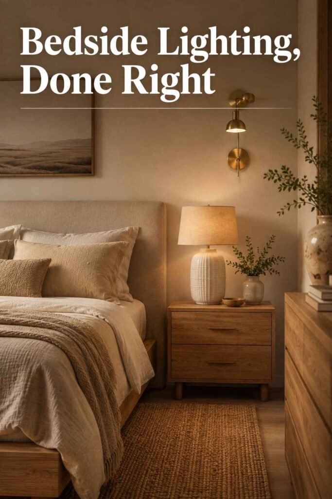 Elegant 25 Bedroom Lighting Ideas to Transform Your Space in 2026 4 Oak nightstand with a linen-shade table lamp beside a linen bed, a bedside bedroom lighting idea.