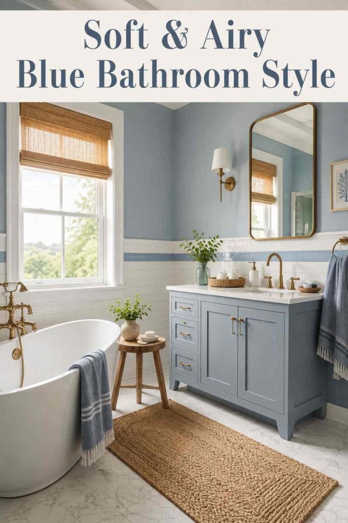 Corner view of a blue bathroom vanity with brass hardware and woven jute mat, a coastal blue bathroom idea.