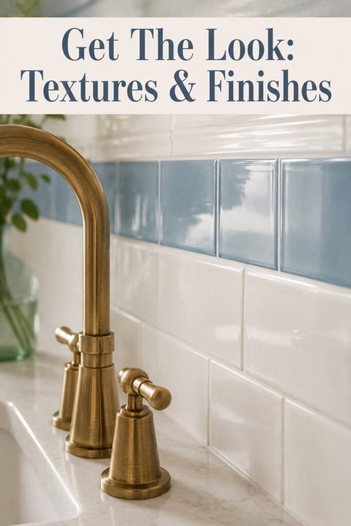 Close-up of a brass faucet against soft blue tile grout, a textural blue bathroom idea detail.