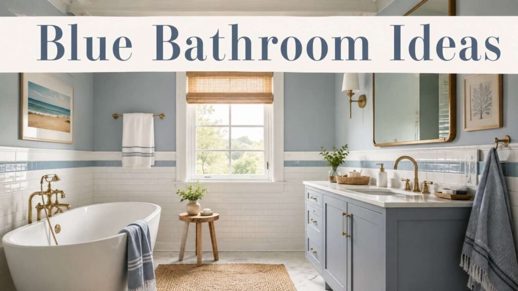 Impressive 25 Blue Bathroom Ideas for a Space That Feels Like a Retreat 7 Coastal bathroom with soft blue walls, white subway tile, and brass fixtures — a bright blue bathroom idea.