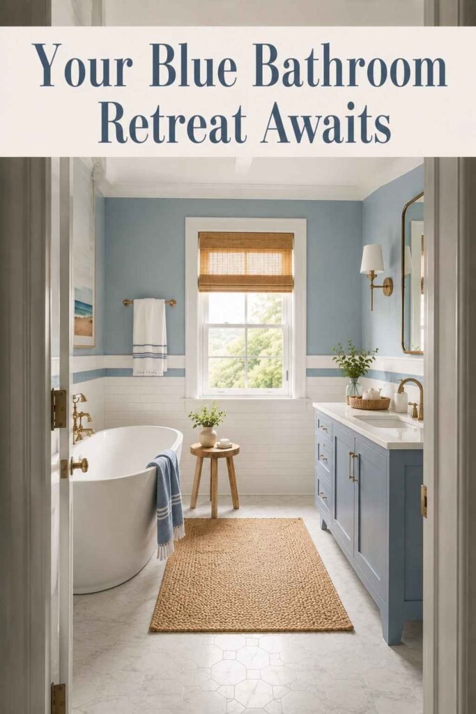 Doorway view into a soft blue and white coastal bathroom, a calming blue bathroom idea.
