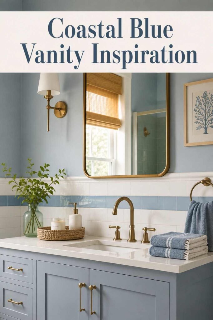 Vanity vignette with brass sconces and folded linen towels, a coastal blue bathroom idea.