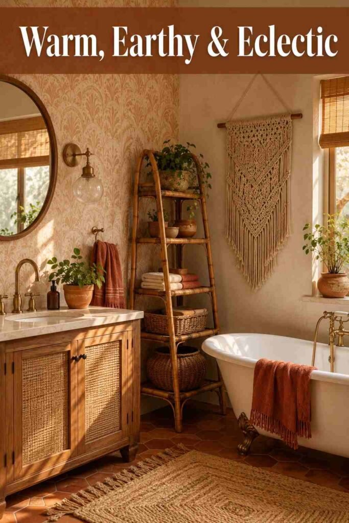Corner view of a boho bathroom with patterned wallpaper and rattan shelving — earthy boho bathroom ideas.