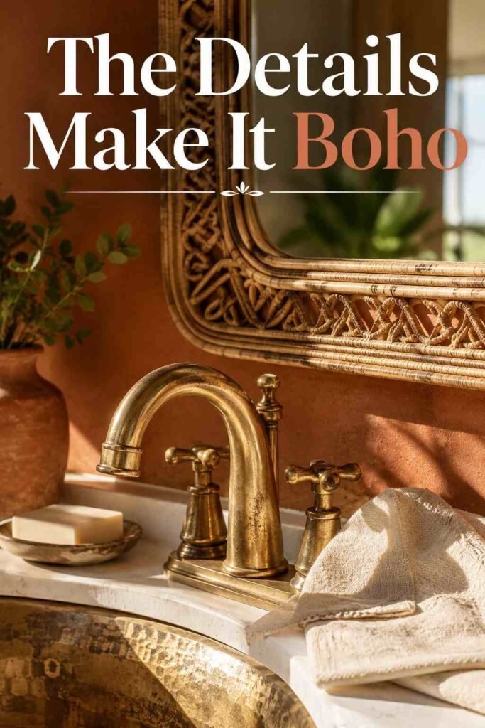 Close-up of brass faucet and rattan-framed mirror — material details for boho bathroom ideas.