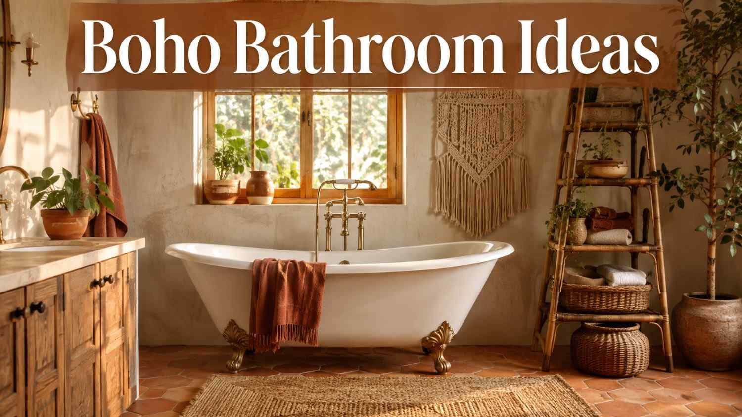 Terracotta and cream boho bathroom with clawfoot tub, rattan shelf, and macramé — full-room boho bathroom ideas.