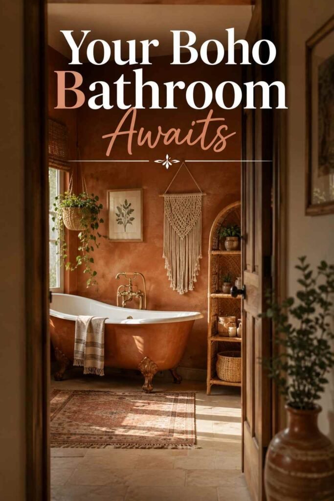 Boho bathroom viewed through an open doorway with tub and rattan shelving — finished boho bathroom ideas.
