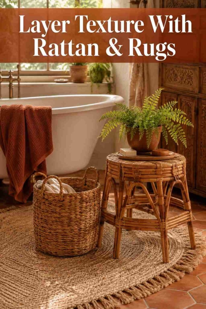 Rattan stool, jute rug, and woven basket styled beside a tub — layered boho bathroom ideas.