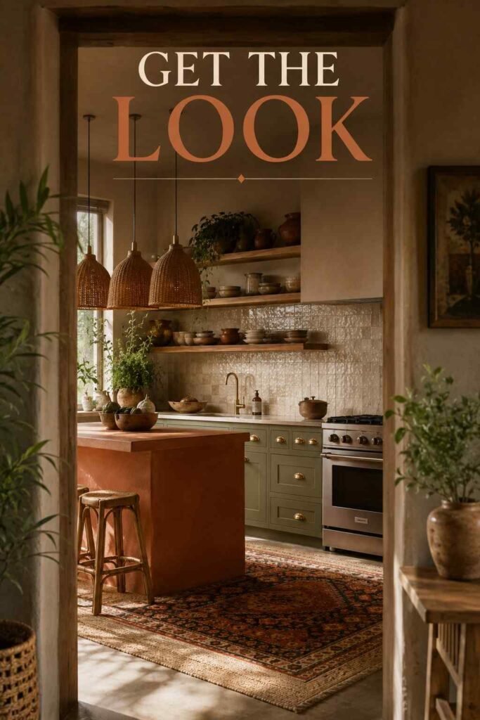 Boho kitchen viewed through a doorway, showing sage green cabinets and terracotta island.