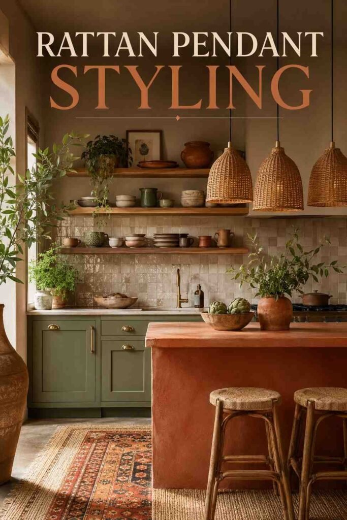 Rattan pendant lights over a terracotta kitchen island, a woven lighting boho kitchen idea.