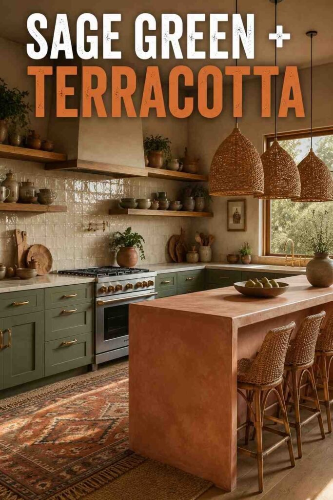 Corner view of boho kitchen with open oak shelving and sage green cabinetry, a boho kitchen idea.