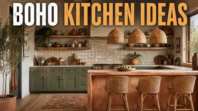 Boho kitchen with sage green cabinets, terracotta island, and rattan pendant lights in morning light.