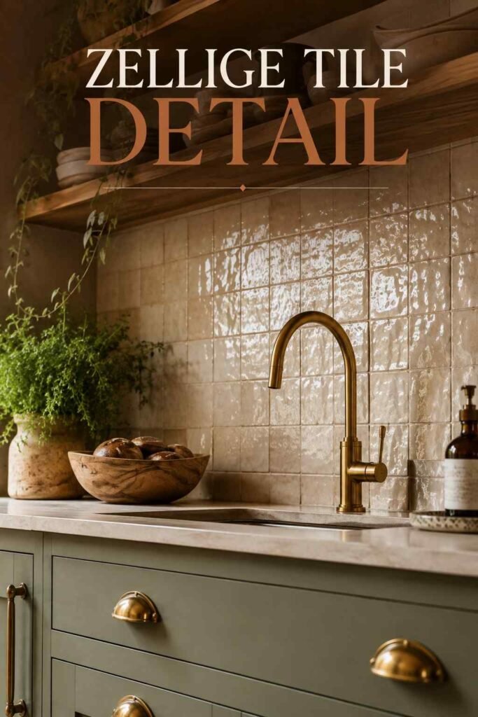 Close-up of handmade zellige tile backsplash and brass hardware, a boho kitchen backsplash idea.