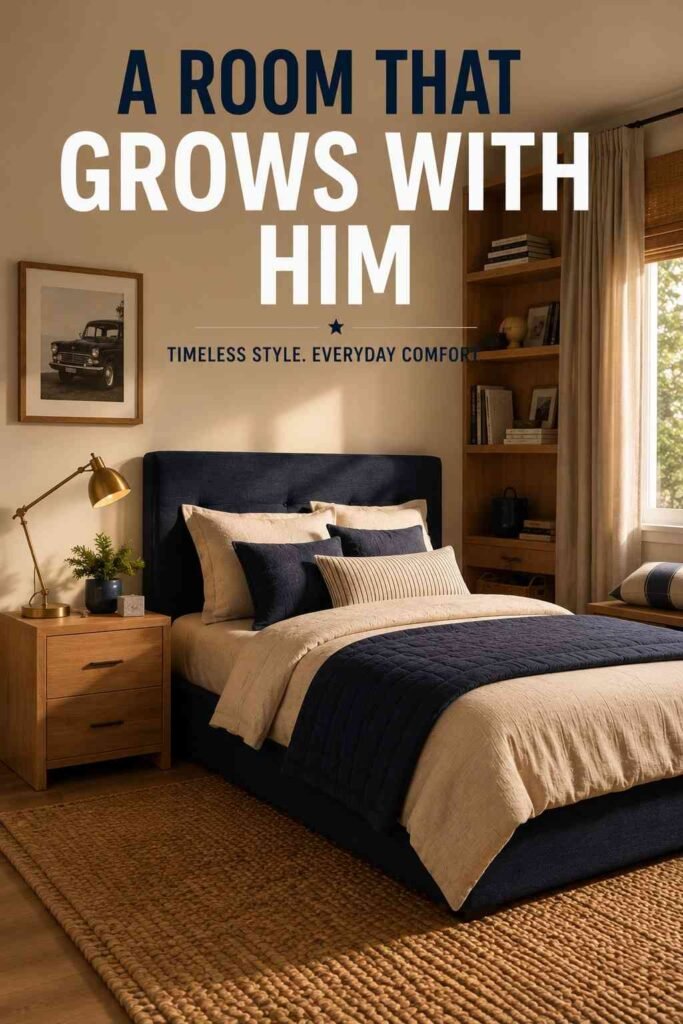 Modern 20 Boys Bedroom Ideas That Actually Grow With Your Son (2026 Guide) 2 Corner view of navy and neutral boy's bedroom showing bed and built-in shelving — boys bedroom idea in a small space.