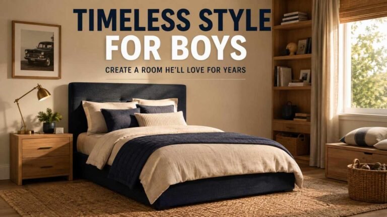 Warm minimalist boy's bedroom with navy platform bed, oak nightstand, and jute rug — cozy boys bedroom idea."