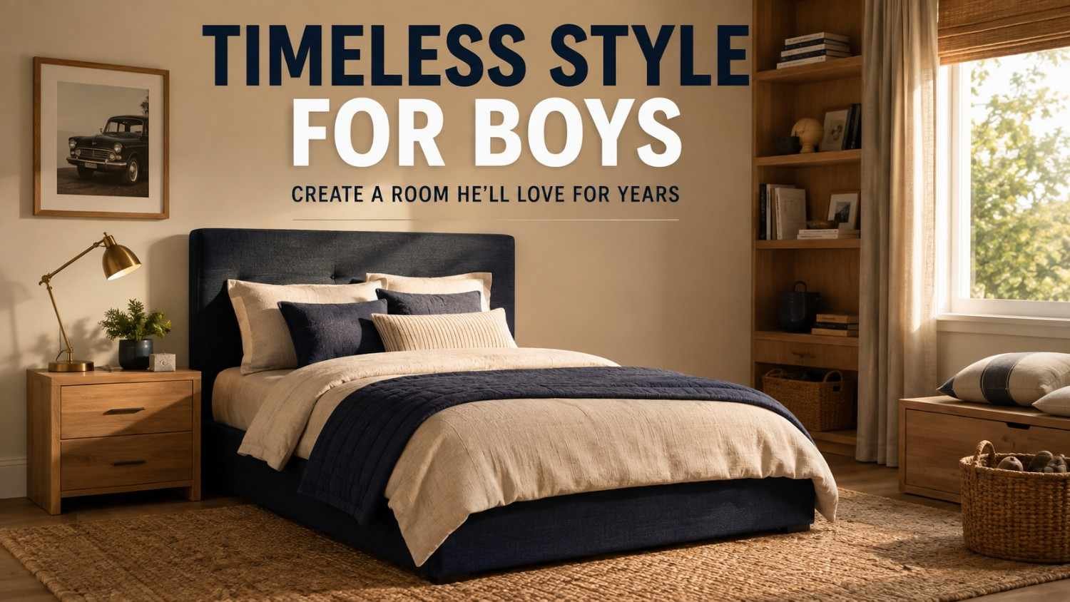 Warm minimalist boy's bedroom with navy platform bed, oak nightstand, and jute rug — cozy boys bedroom idea."