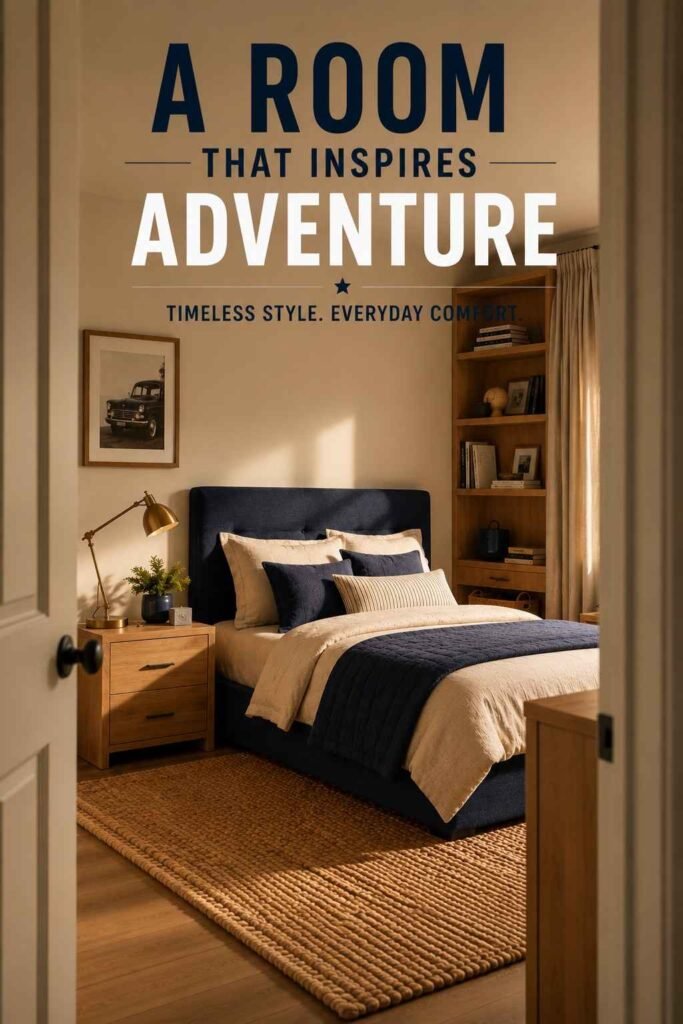 Modern 20 Boys Bedroom Ideas That Actually Grow With Your Son (2026 Guide) 5 Boy's bedroom framed through doorway showing full navy and neutral room layout — boys bedroom idea.