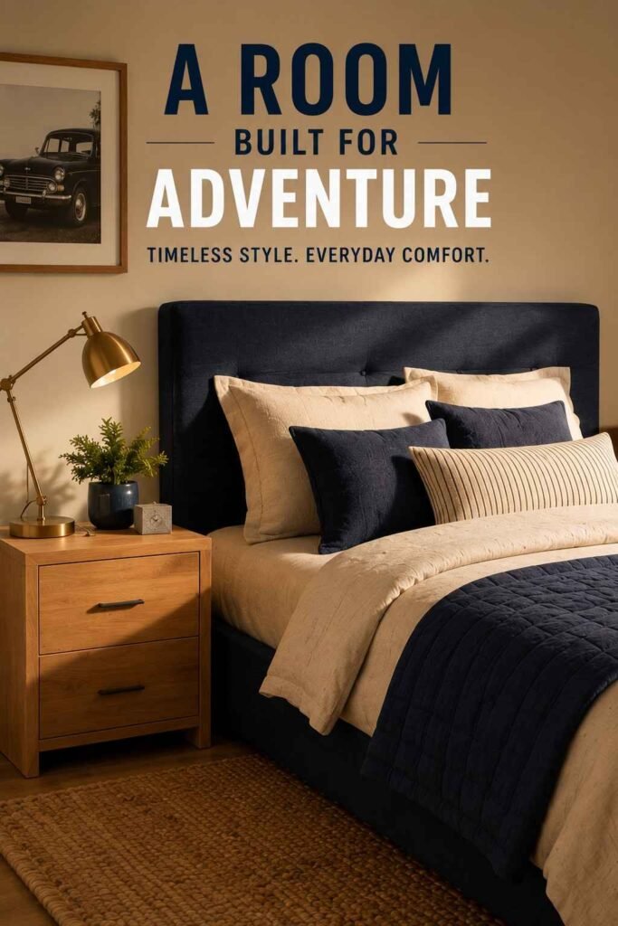 Modern 20 Boys Bedroom Ideas That Actually Grow With Your Son (2026 Guide) 3 Bed and oak nightstand vignette with brass lamp in navy boys bedroom idea for teens