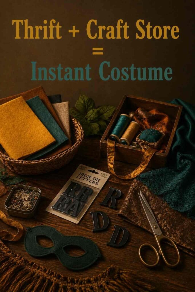 Felt, scissors, iron-on letters, and fabric scraps styled as budget DIY Halloween costume supplies.