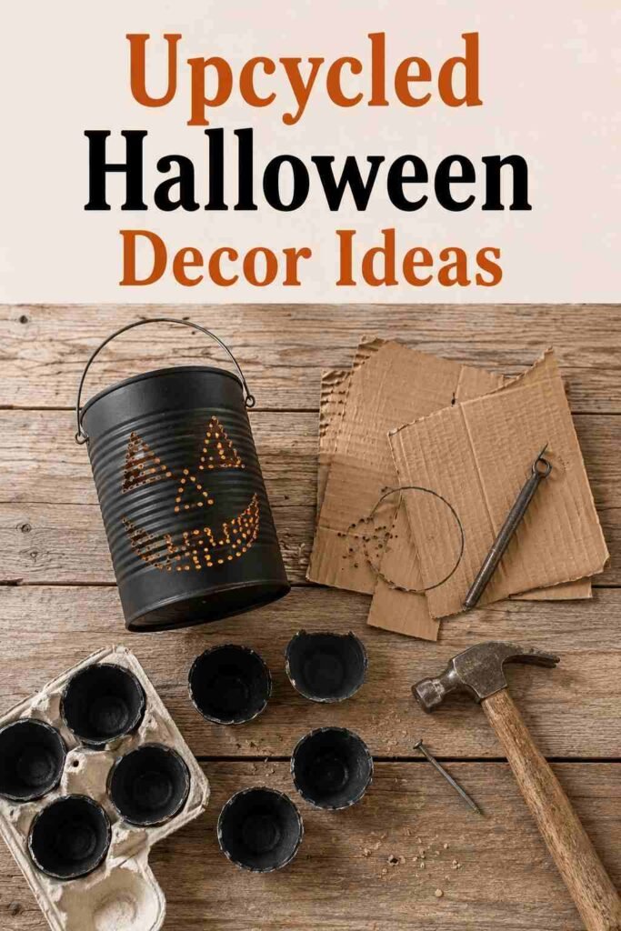 Tin can lantern, cardboard scraps, and painted egg carton bats arranged on a wood table.