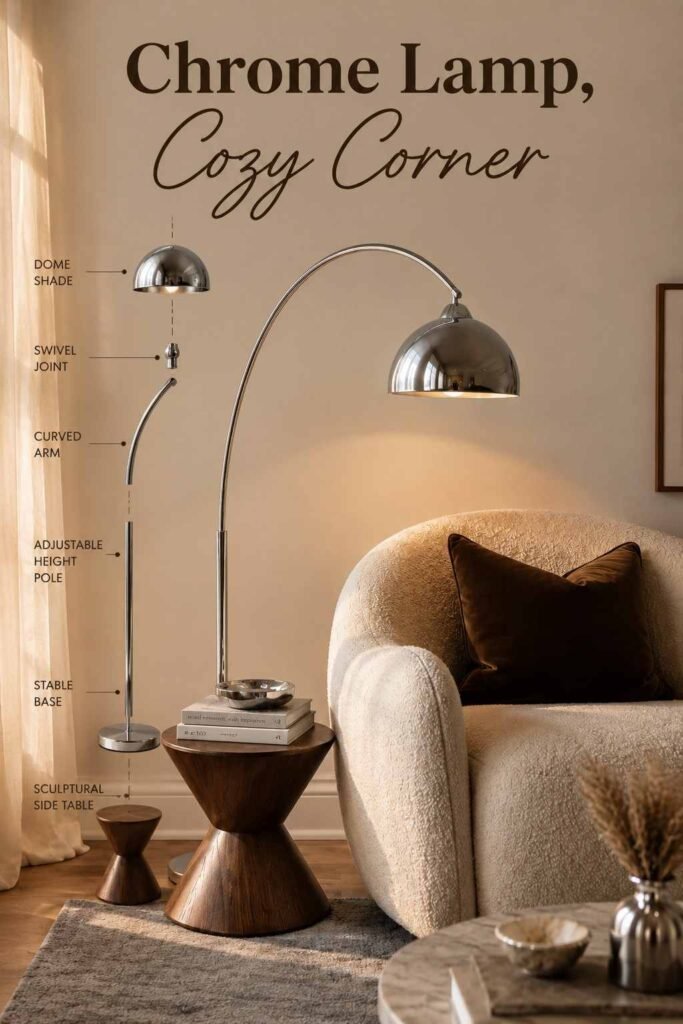 Chrome Living Room Ideas to Create a Sleek, Modern Space in 2026 4 Chrome arc floor lamp beside a cream boucle armchair
Chrome arc floor lamp beside a cream boucle armchair