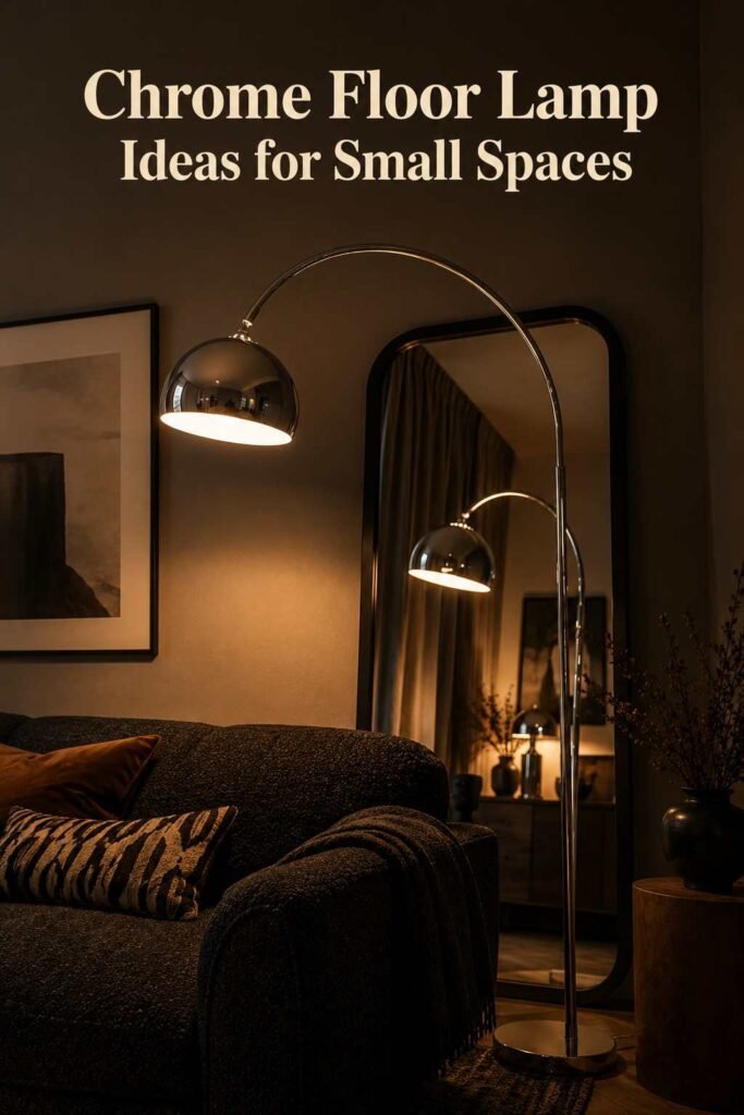 Chrome Lamp Ideas: A Complete Guide to Styling, Buying, and Caring for This Timeless Fixture 4 Chrome arc floor lamp arching over a charcoal sofa in a dimly lit living room.