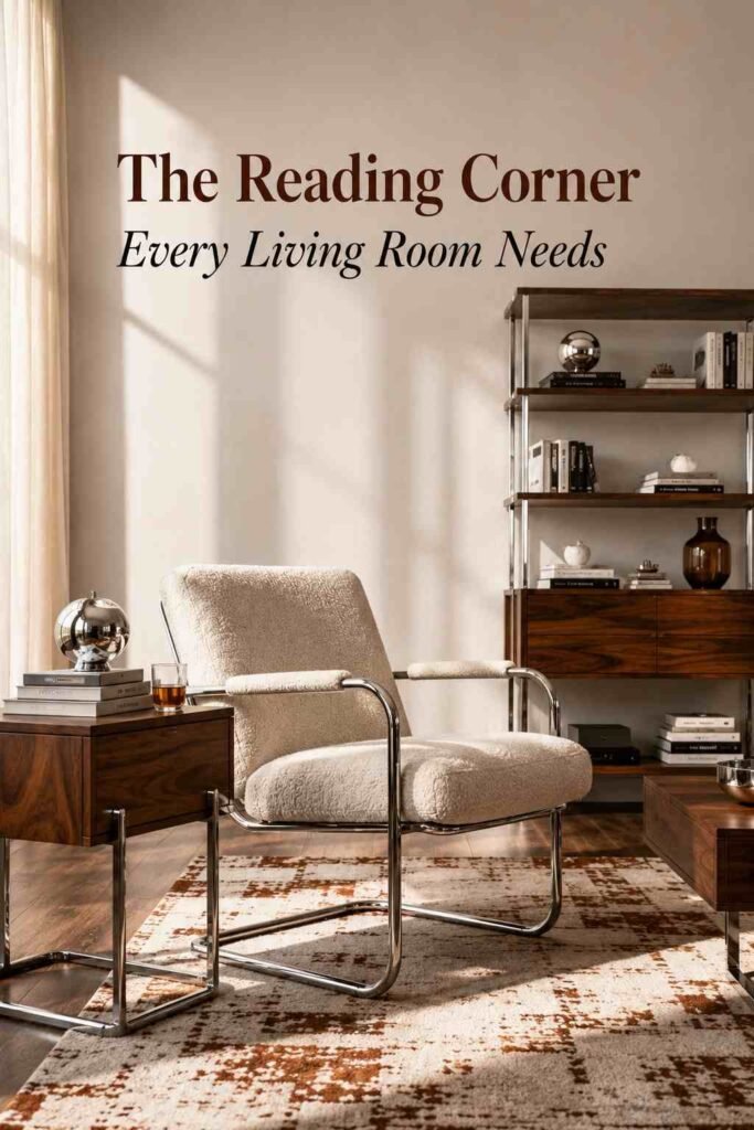 Chrome-framed armchair with cream upholstery next to a walnut wood side table in a sunlit living room corner.