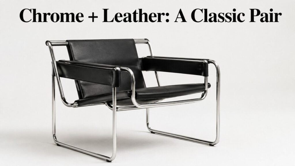 Chrome-framed accent chair with black leather upholstery on a white studio background.