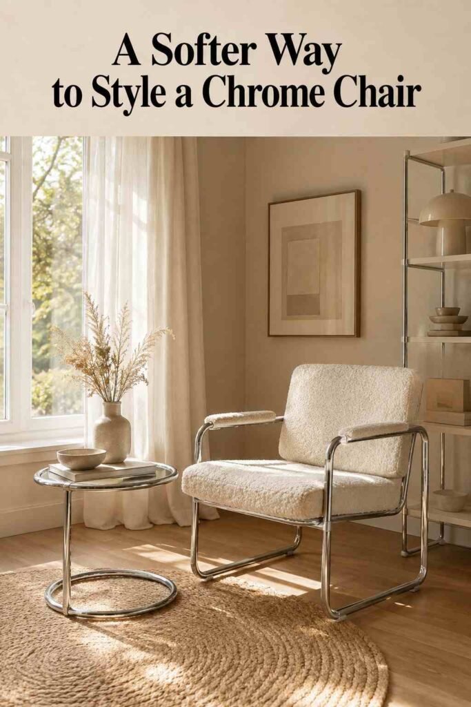 Chrome Chair Ideas to Transform Every Room in Your Home 6 Cream boucle chrome-frame accent chair in a sunlit reading nook with a jute rug and side table.