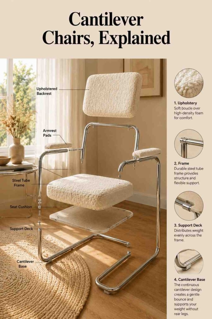 Chrome Chair Ideas to Transform Every Room in Your Home 3 Boucle chrome cantilever chair silhouetted against soft window light in a living room corner.