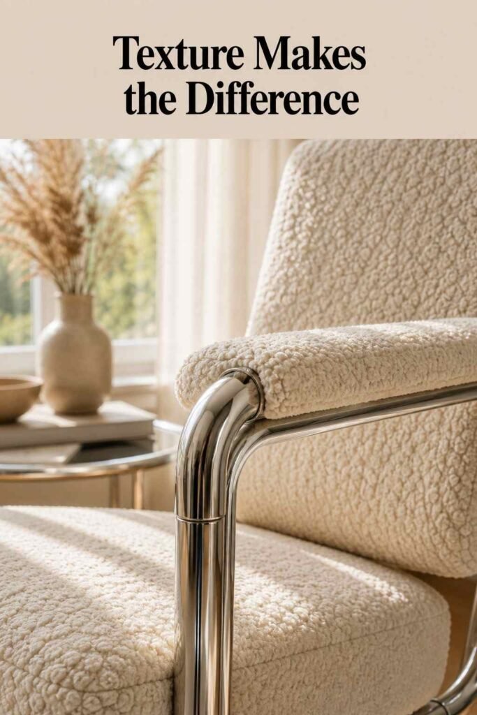 Chrome Chair Ideas to Transform Every Room in Your Home 5 Close-up of cream boucle fabric against a polished chrome chair frame.