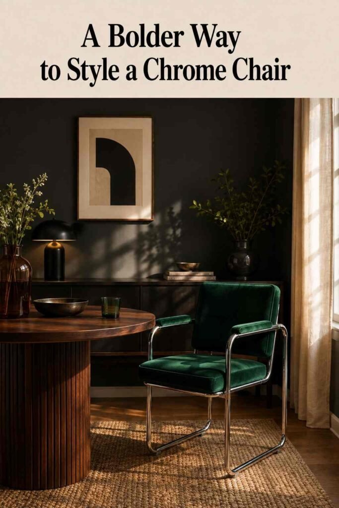 Chrome Chair Ideas to Transform Every Room in Your Home 4 Emerald velvet chrome-frame dining chair against a charcoal accent wall.