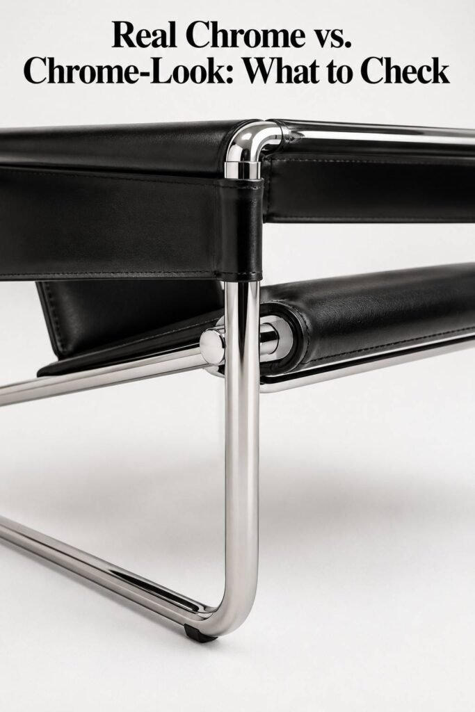 Chrome Chair Ideas to Transform Every Room in Your Home 7 Close-up of a polished chrome chair leg and frame joint against a white background.