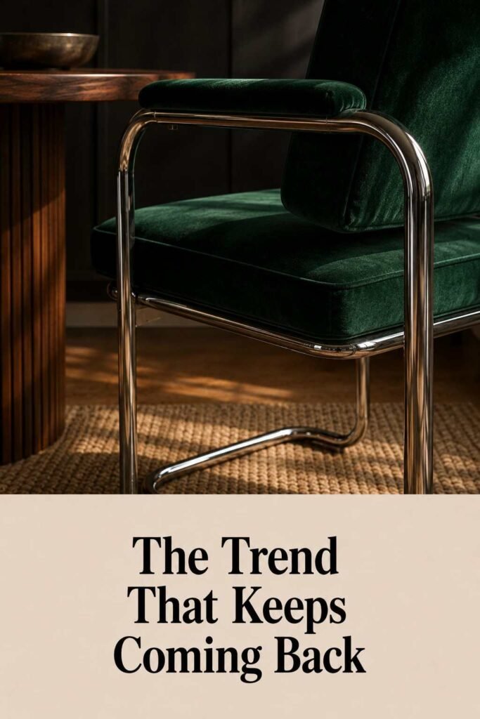 Chrome Chair Ideas to Transform Every Room in Your Home 2 Close-up of a chrome chair frame reflecting emerald velvet upholstery and a charcoal wall.