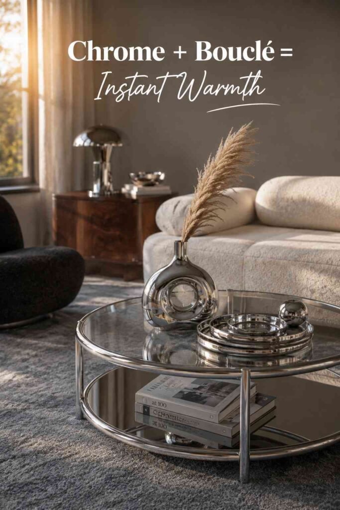 Close view of a chrome and glass coffee table styled with a polished chrome vase and stacked chrome trays.