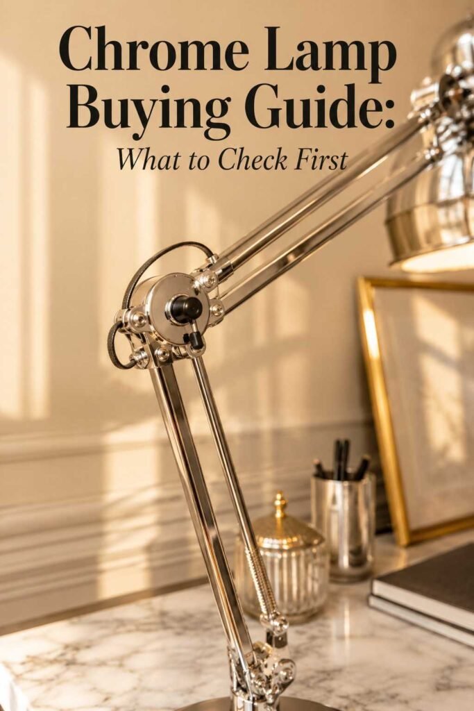 Chrome Lamp Ideas: A Complete Guide to Styling, Buying, and Caring for This Timeless Fixture 7 Close-up of an articulating chrome desk lamp arm and switch on a marble desk.