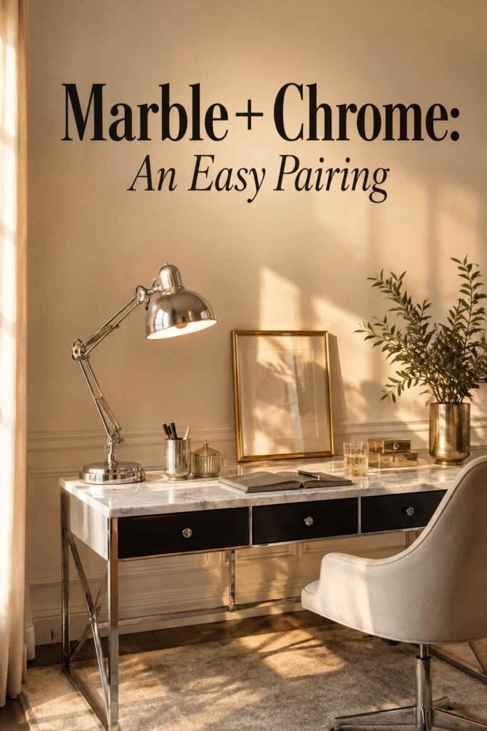 Chrome Lamp Ideas: A Complete Guide to Styling, Buying, and Caring for This Timeless Fixture 5 Chrome desk lamp with an articulating arm on a marble desk in a cream-toned home office.