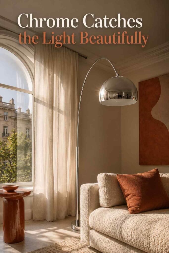 Chrome floor lamp near a sunlit window with a terracotta side table in the foreground.