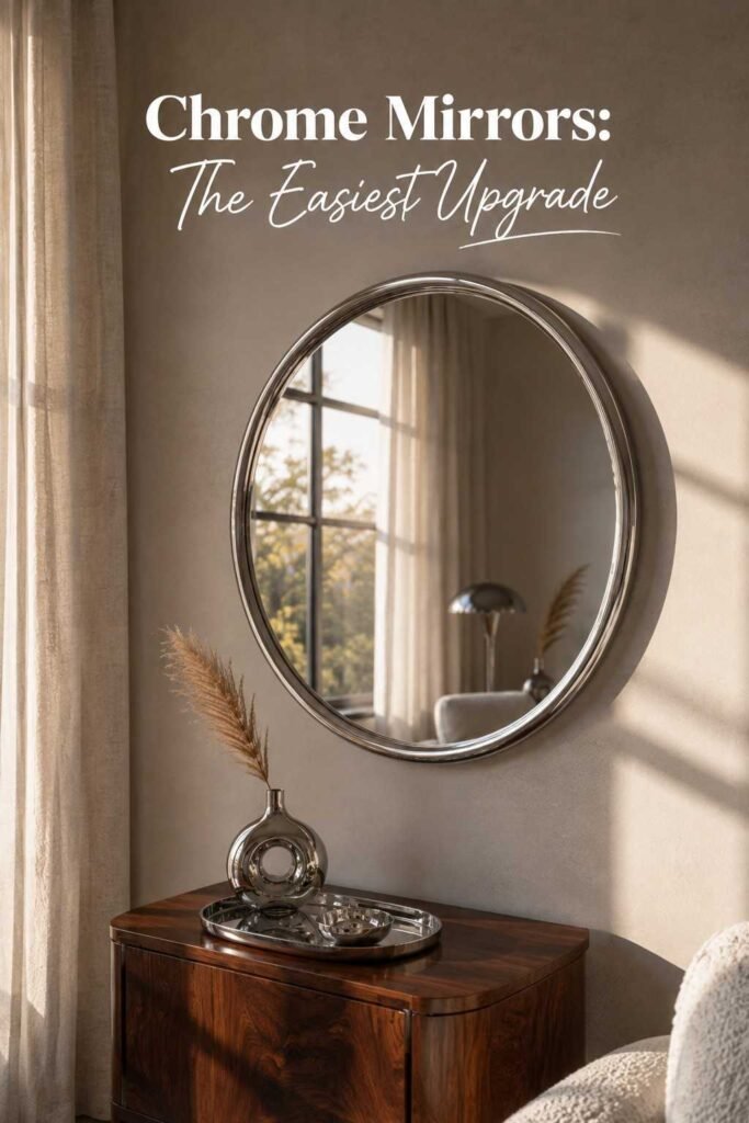 Round chrome-framed mirror hanging above a walnut console table with a small chrome tray.