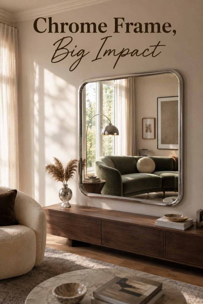 Chrome Living Room Ideas to Create a Sleek, Modern Space in 2026 5 Chrome-framed mirror reflecting natural window light in a living room.