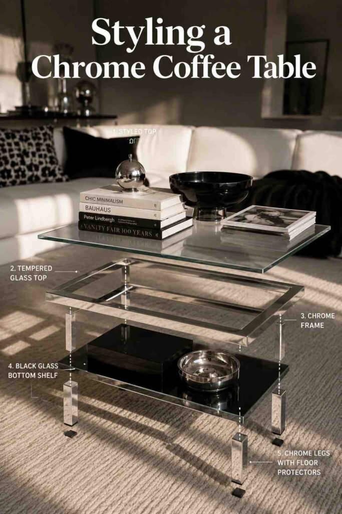 Close-up of a chrome-framed glass coffee table styled with a ceramic bowl and stacked books.