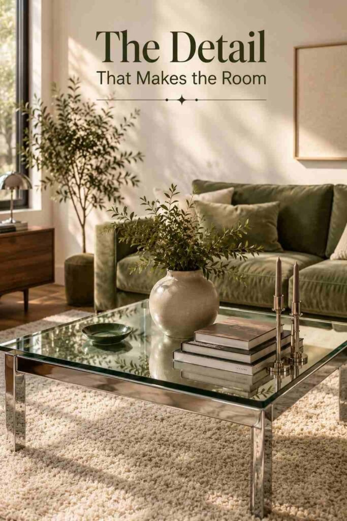 Chrome Living Room Ideas to Create a Sleek, Modern Space in 2026 3 Chrome and glass coffee table styled with a ceramic vase and stacked books