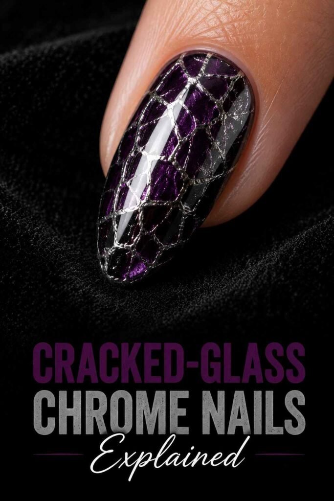 Extreme close-up of a cracked-glass chrome nail effect in dark purple and silver tones.