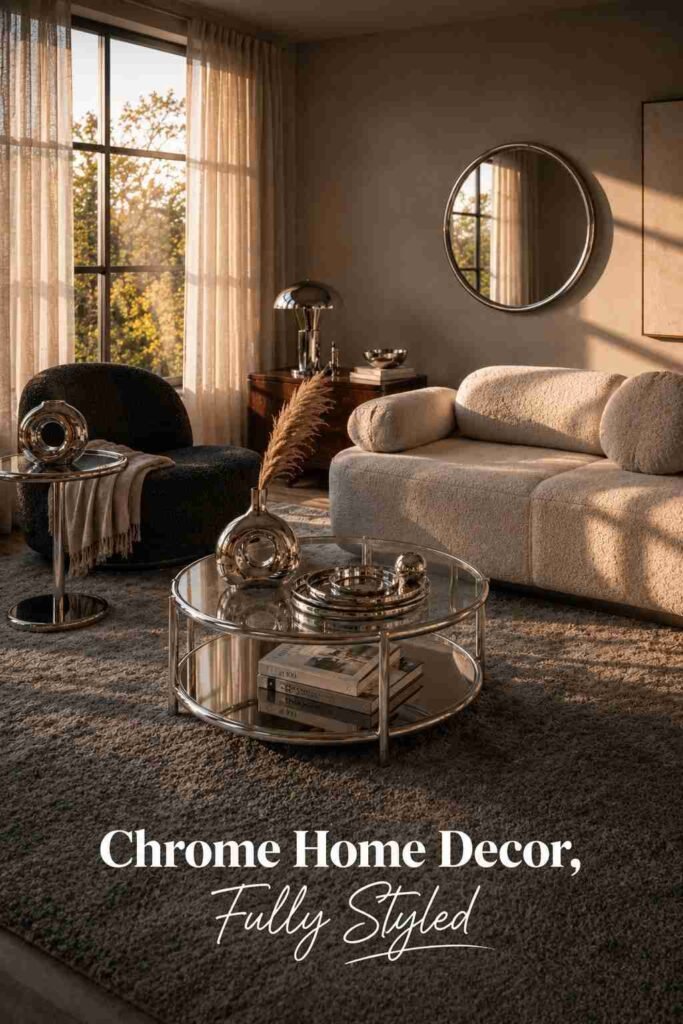 Full living room view showing chrome, bouclé, and walnut furniture arranged together in warm afternoon light.