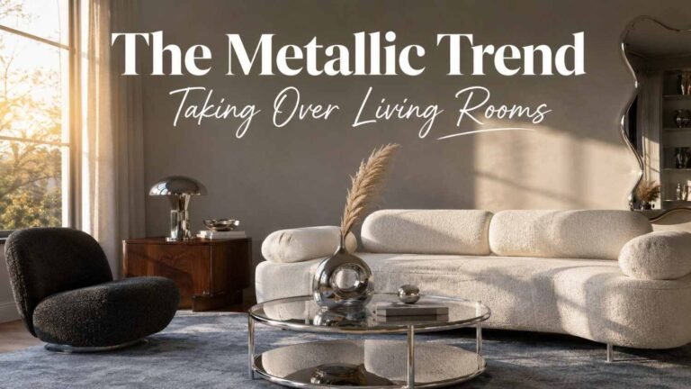 Living room corner with a chrome and glass coffee table, ice white bouclé sofa, and a polished chrome vase, lit by afternoon window light.