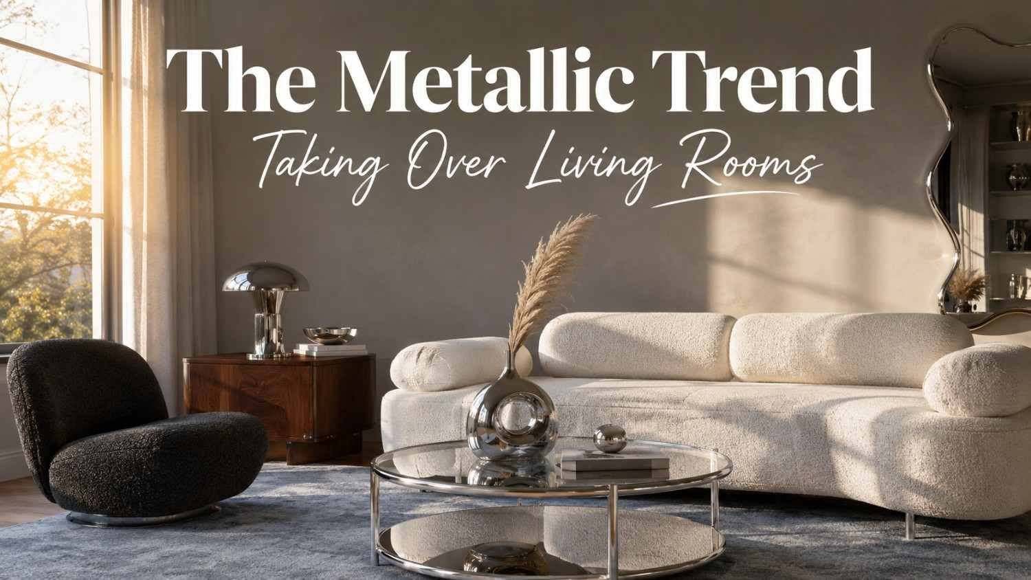 Living room corner with a chrome and glass coffee table, ice white bouclé sofa, and a polished chrome vase, lit by afternoon window light.