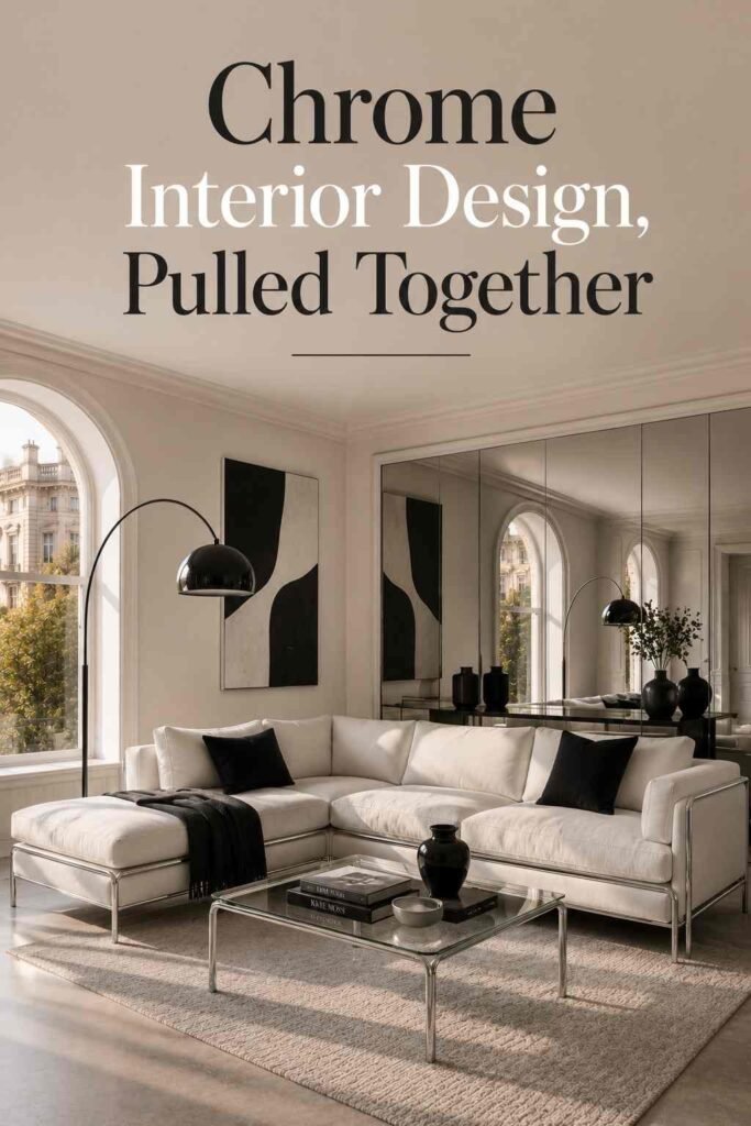 Full view of a monochrome living room styled with chrome furniture, mirrored walls, and a sculptural floor lamp.